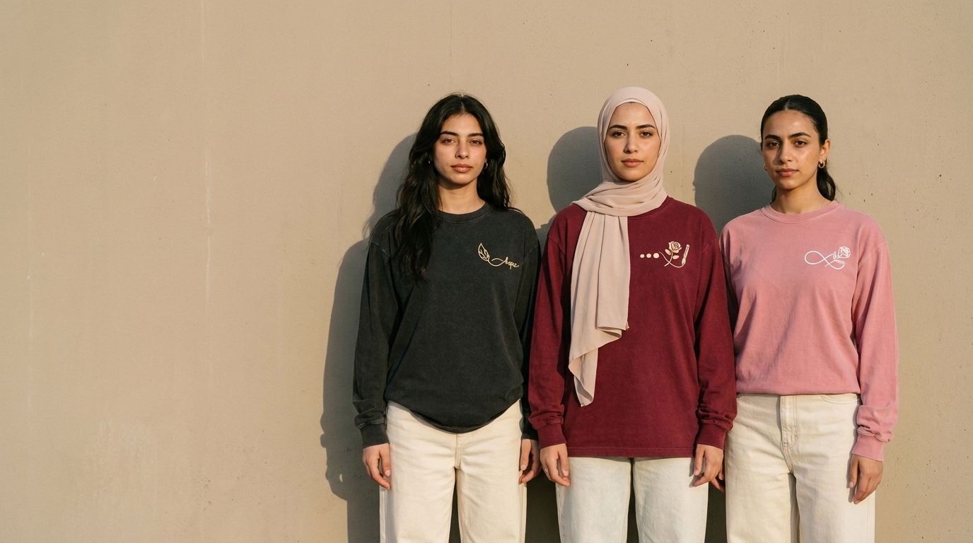 Three women wearing RHAB long-sleeve tees in black, burgundy and pink against a warm wall