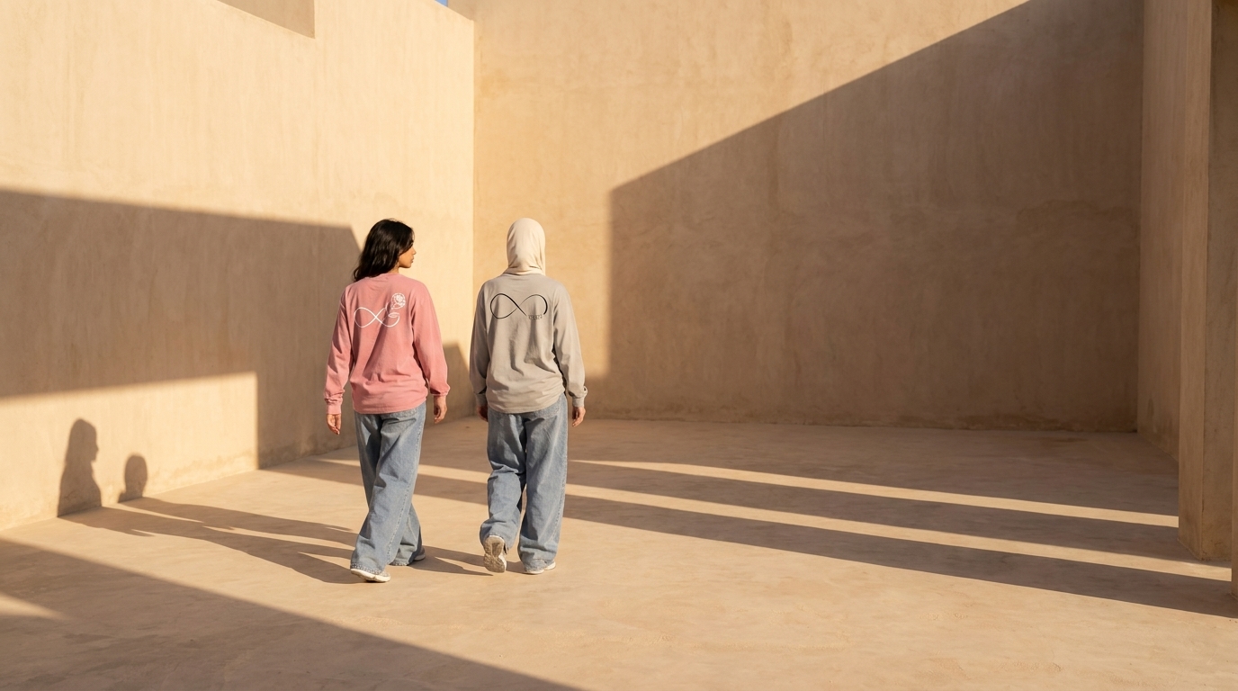 Two women walking across a sunlit courtyard in RHAB long-sleeve tees
